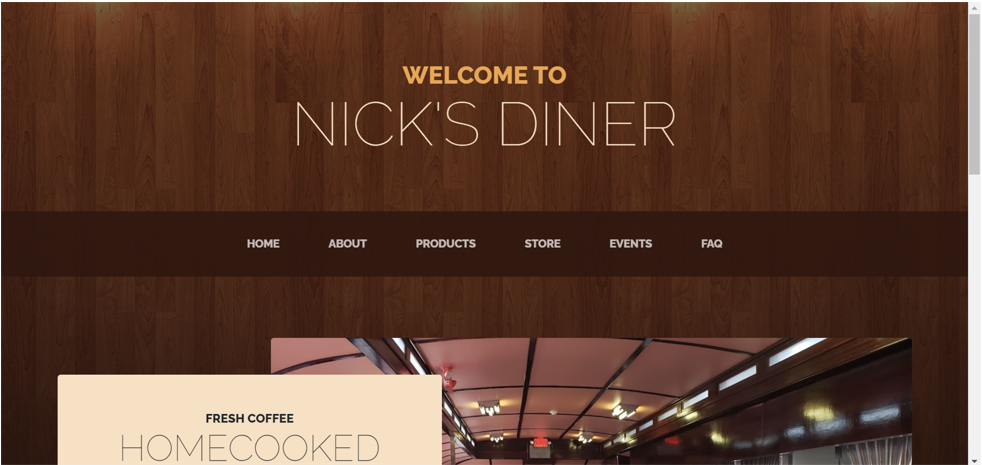 Thumbnail of Nick's Diner's website, with a wood background.